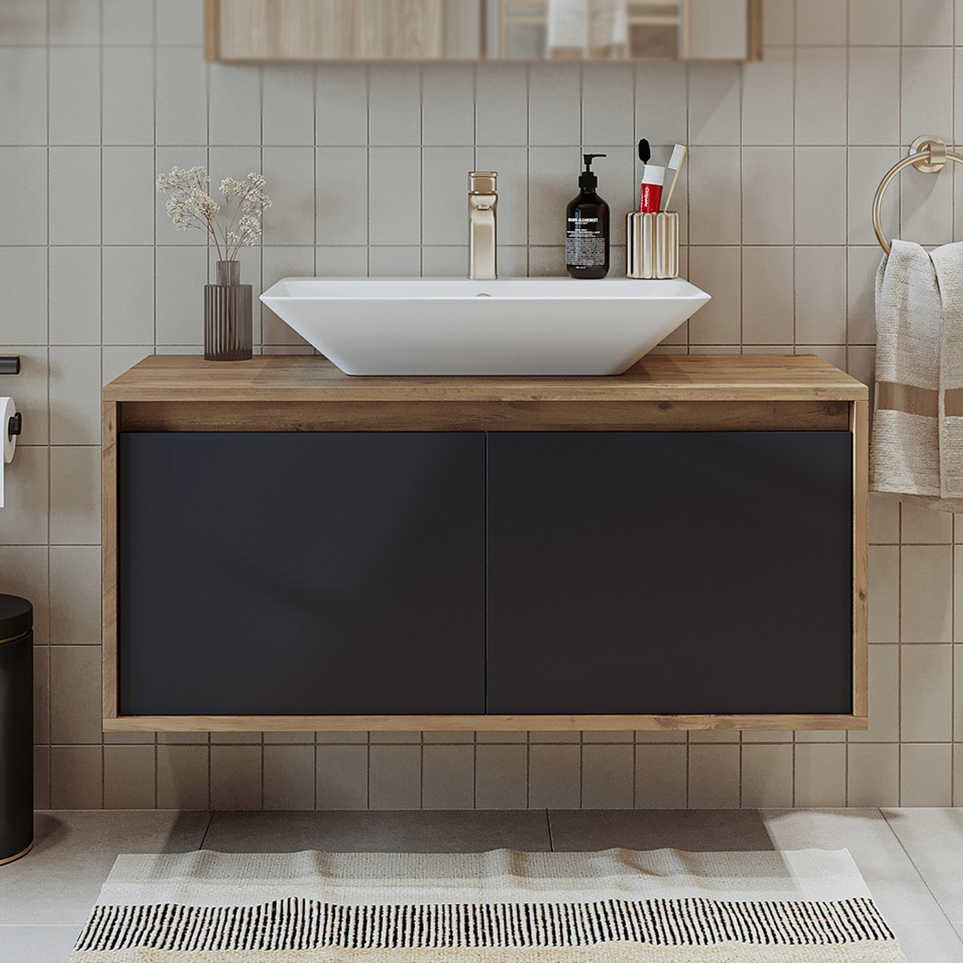 Roomart Ld7 Ayaksız 2 Kapaklı Lavabolu Ahşap-Antrasit Mdf 100 cm Banyo Dolabı BANOS1703