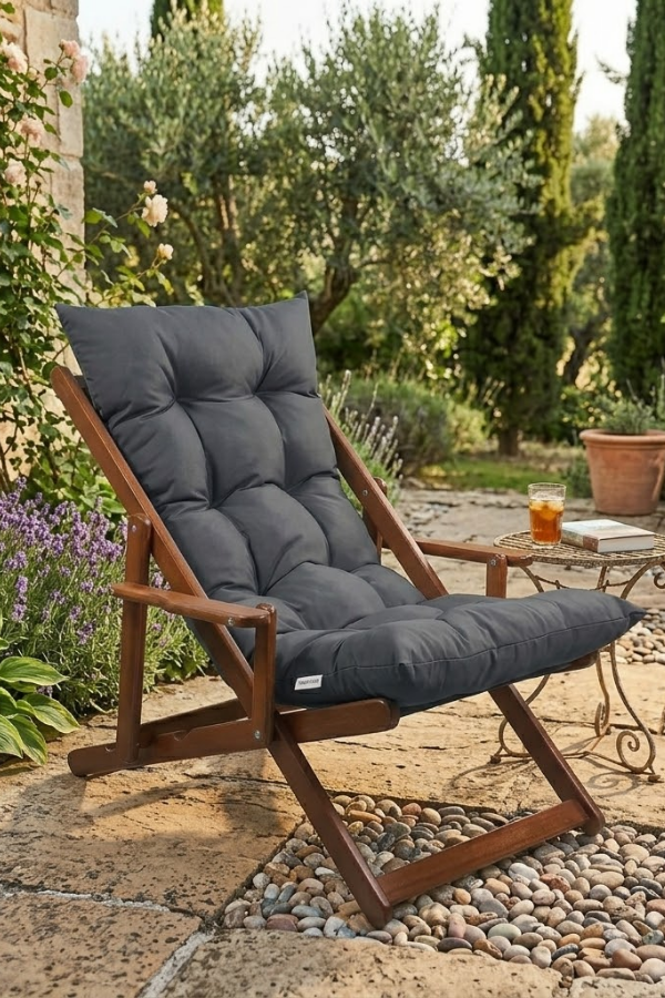Bysay Puf Minderli Ahşap Kademeli Şezlong Bahçe&Balkon&Teras&Plaj Katlanır Şezlong Ceviz Antrasit