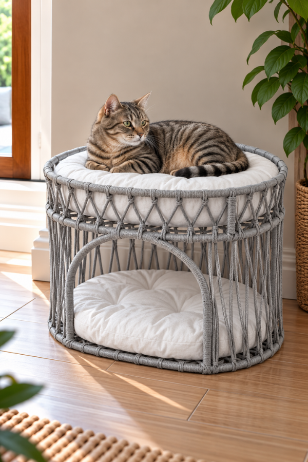 Tasaryum Çift Katlı Kedi Yatağı ve Kedi Ranzası, Minderli İskandinav Tasarım Kedi Evi, Örgü Gövdeli Kedi Yuvası – Gri