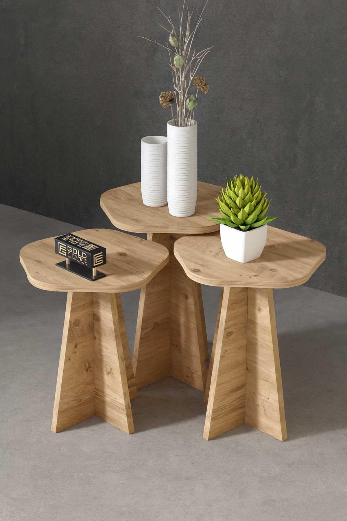 Reyo Falez Zigon Sehpa Dekoratif 3'lü Çok Amaçlı Yan Sehpa Çiçek Formlu Çam