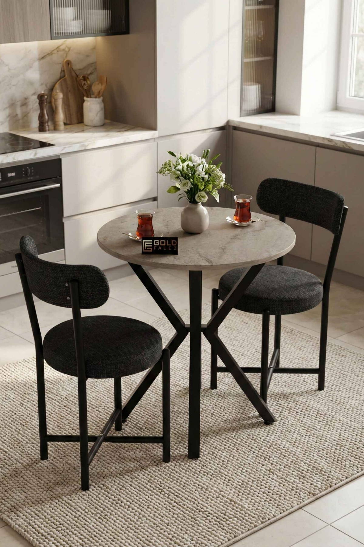 Reyo Falez Teddy Mutfak Masası 70 Çap, Yuvarlak, 2 Sandalyeli  Bahçe Balkon Masa Takımı Modern Set Traverten - Antrasit