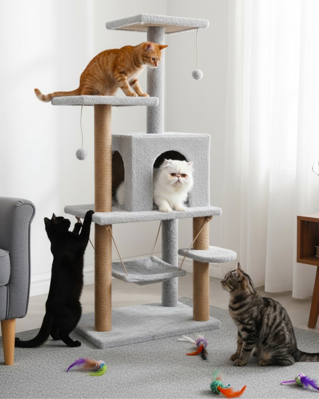 Reyo Pet Y01 Salıncaklı Yuvalı Lüx Kedi Tırmalama Oyun Evi Gri
