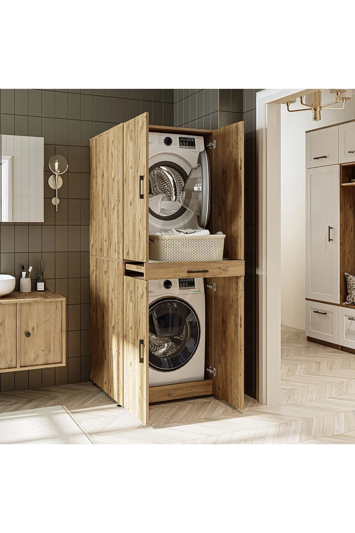 RoomArt Banyo Dolabı Kapaklı Çamaşır Ve Kurutma Makinesi Dolabı 70x185 cm Atlantik Çam
