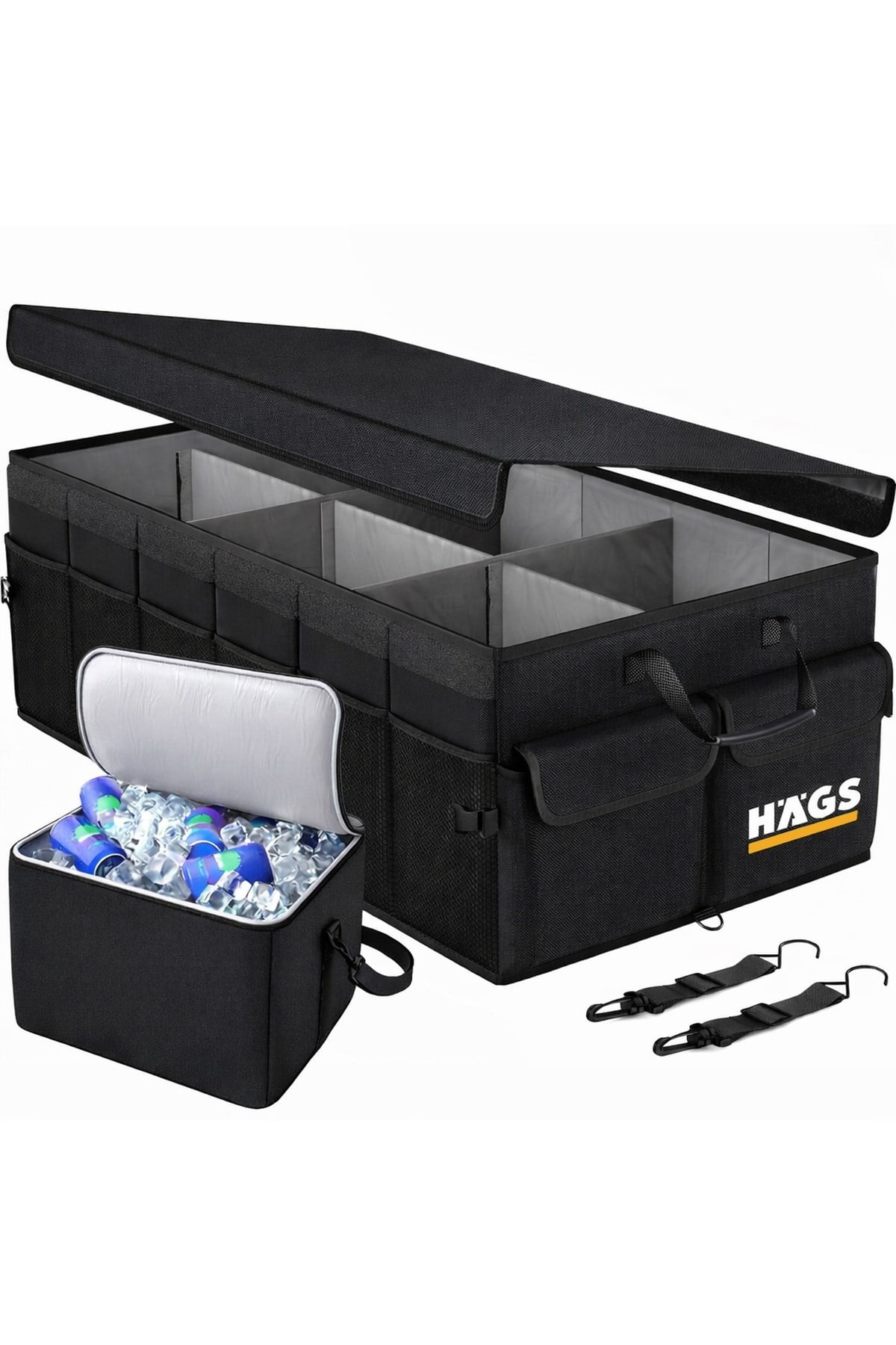 Haegs Araç Bagaj Düzenleyici, Soğutucu Çantalı Bagaj Organizer Sağlam Katlanabilir, Otomobil ve SUV`lar için, Cepli, 3 Ana Bölmeli, 100L /  90x40x28 cm - Siyah