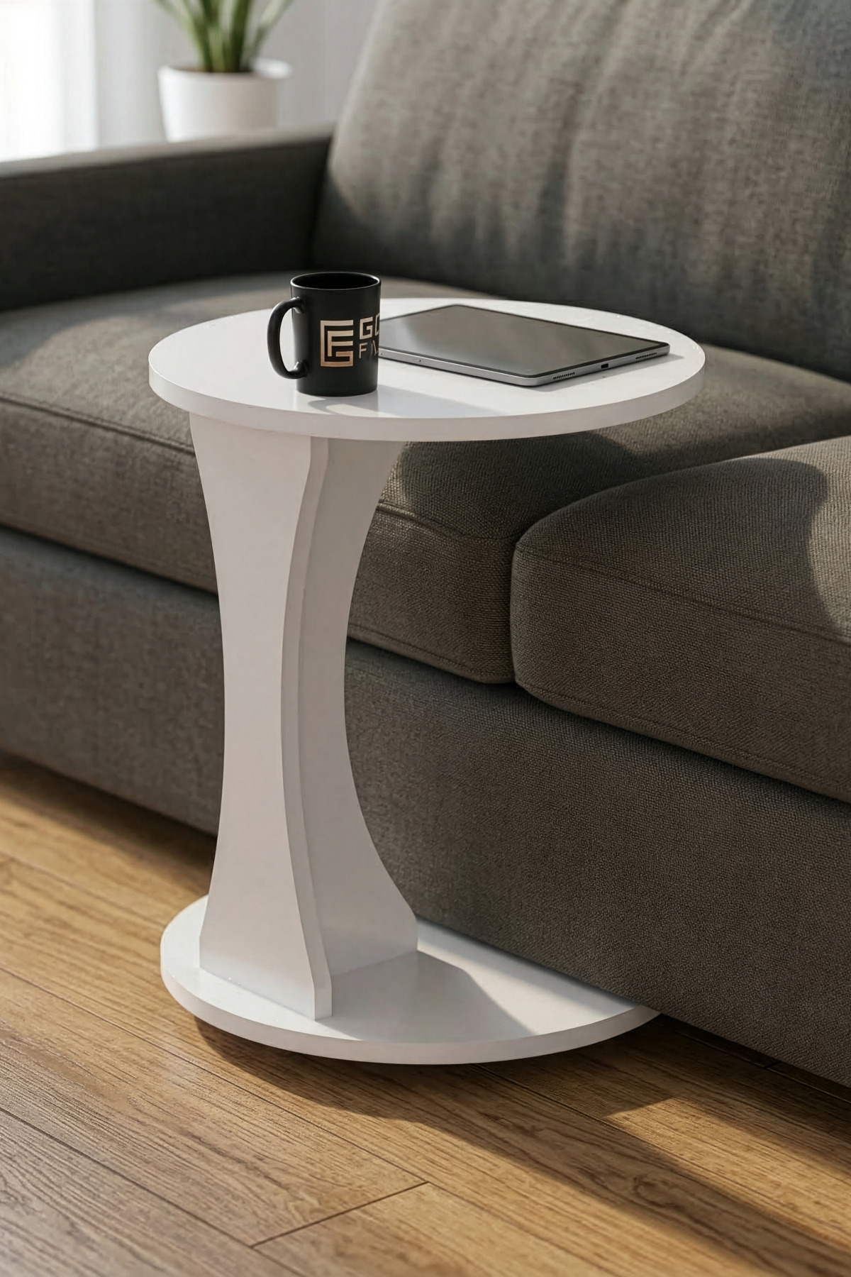 Reyo Falez Yan Sehpa Modern C Sehpa Minimal Tasarım Yuvarlak Orta Sehpa Salon Koltuk Yanı 6096 Beyaz
