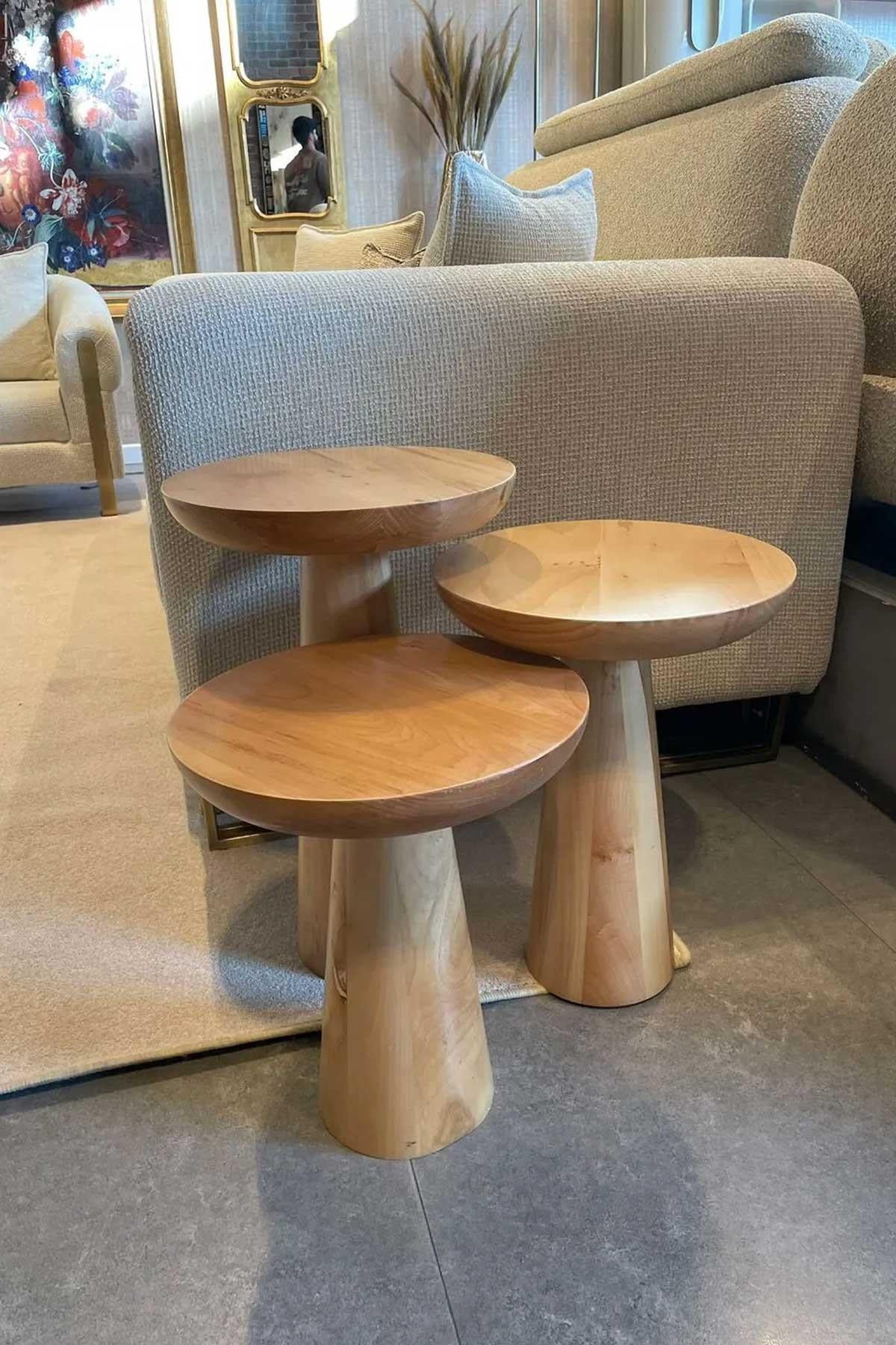 Reyo 3'lü Mushroom Zigon Sehpa Naturel Ahşap Ihlamur Ağacı Mantar Sehpa