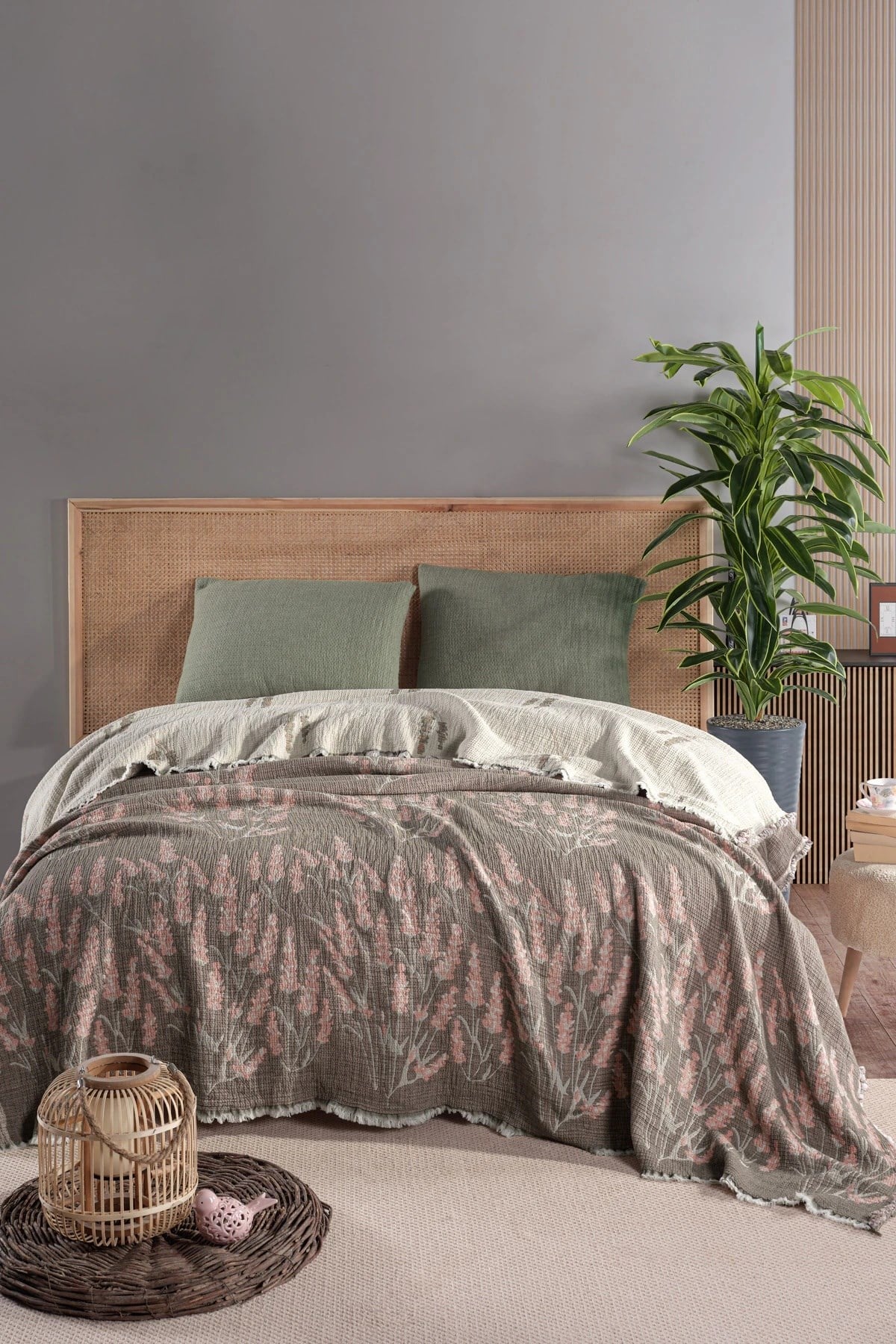 Mylasa Home Müslin Kosha Serisi Lavanta Desenli Yorgan 240x260cm Haki