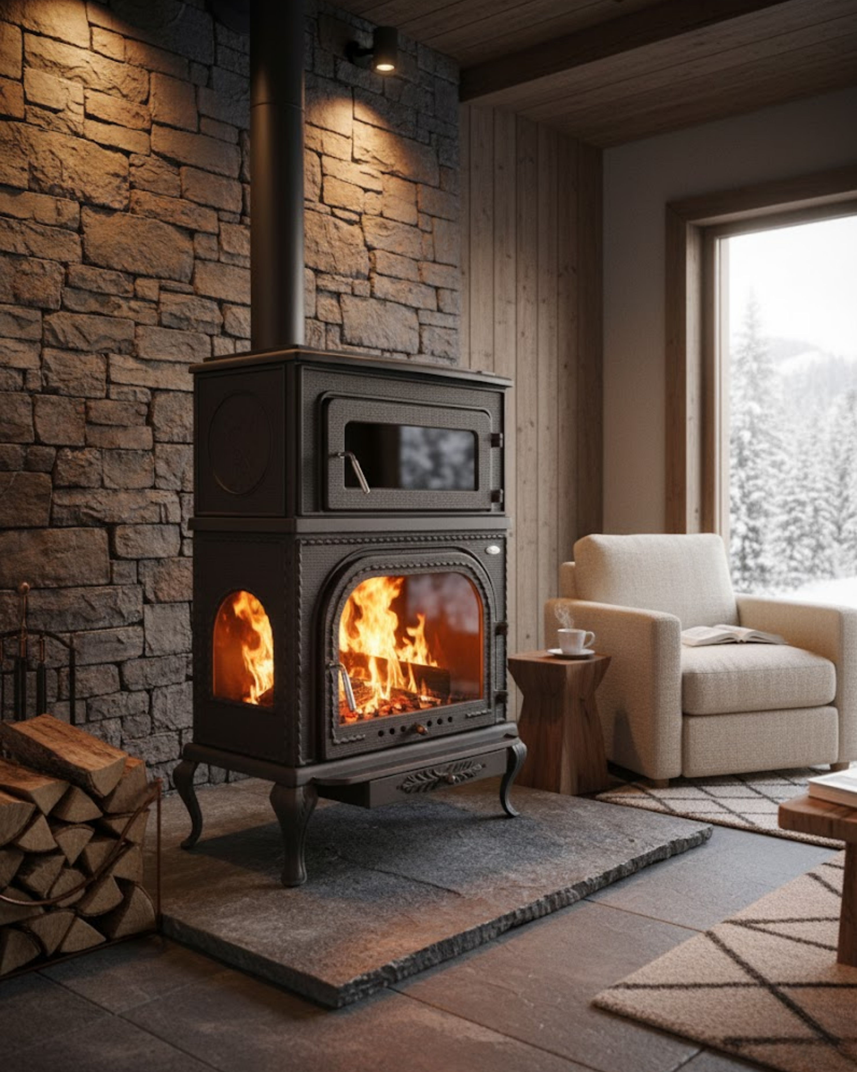 Reyo Stove Abant Üç Camlı Yan Kapak Fırınlı Döküm Şömine Soba