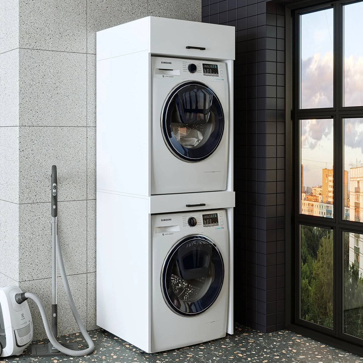 Roomart Çamaşır ve Kurutma Makinesi Dolabı+Üst Dolabı 67x205 cm Mat Beyaz