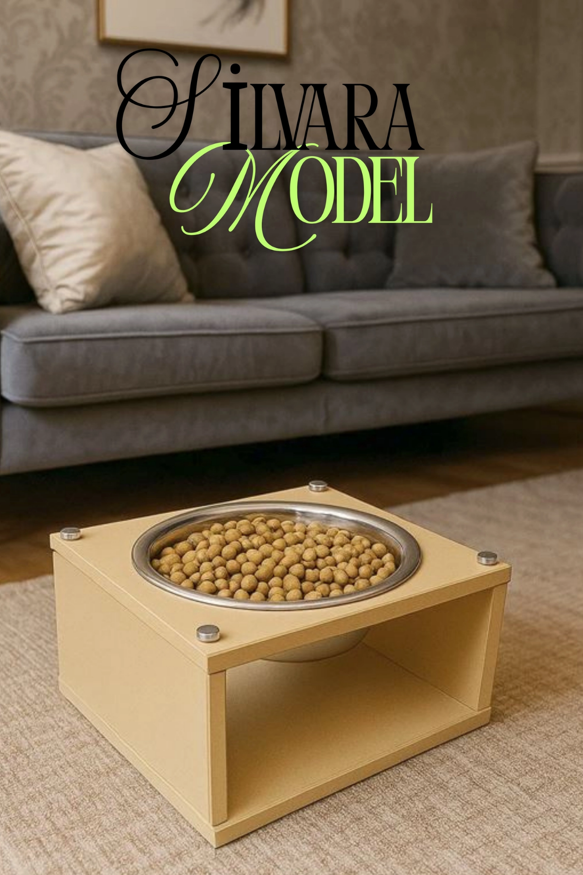 Reyo OK-AY Store Silvara Modern Ahşap Kedi ve Köpek Mama Standı Paslanmaz Çelik Kaseli Mama ve Su Kabı Krem