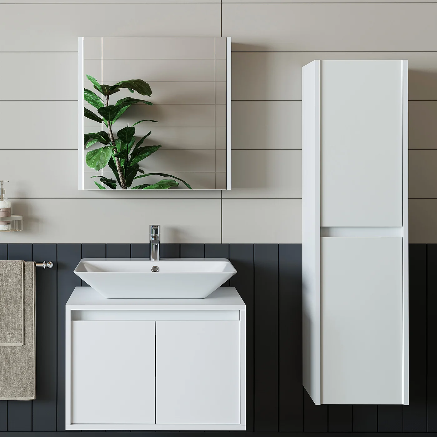 RoomArt Banos Banyo Roomart Lavabolu Mat Beyaz Mdf 65 cCm Banyo Dolabı + Aynalı Banyo Üst Dolabı + Banyo Boy Dolabı