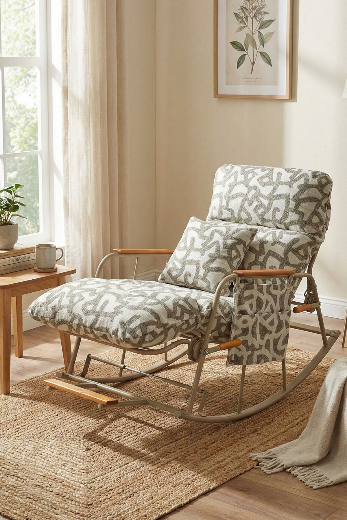 Dy Home Ayarlanabilir Mekanizmalı Sallanan Koltuk, TV Koltuğu, Sallanan Sandalye Bej Desenli Dokuma Kumaş 