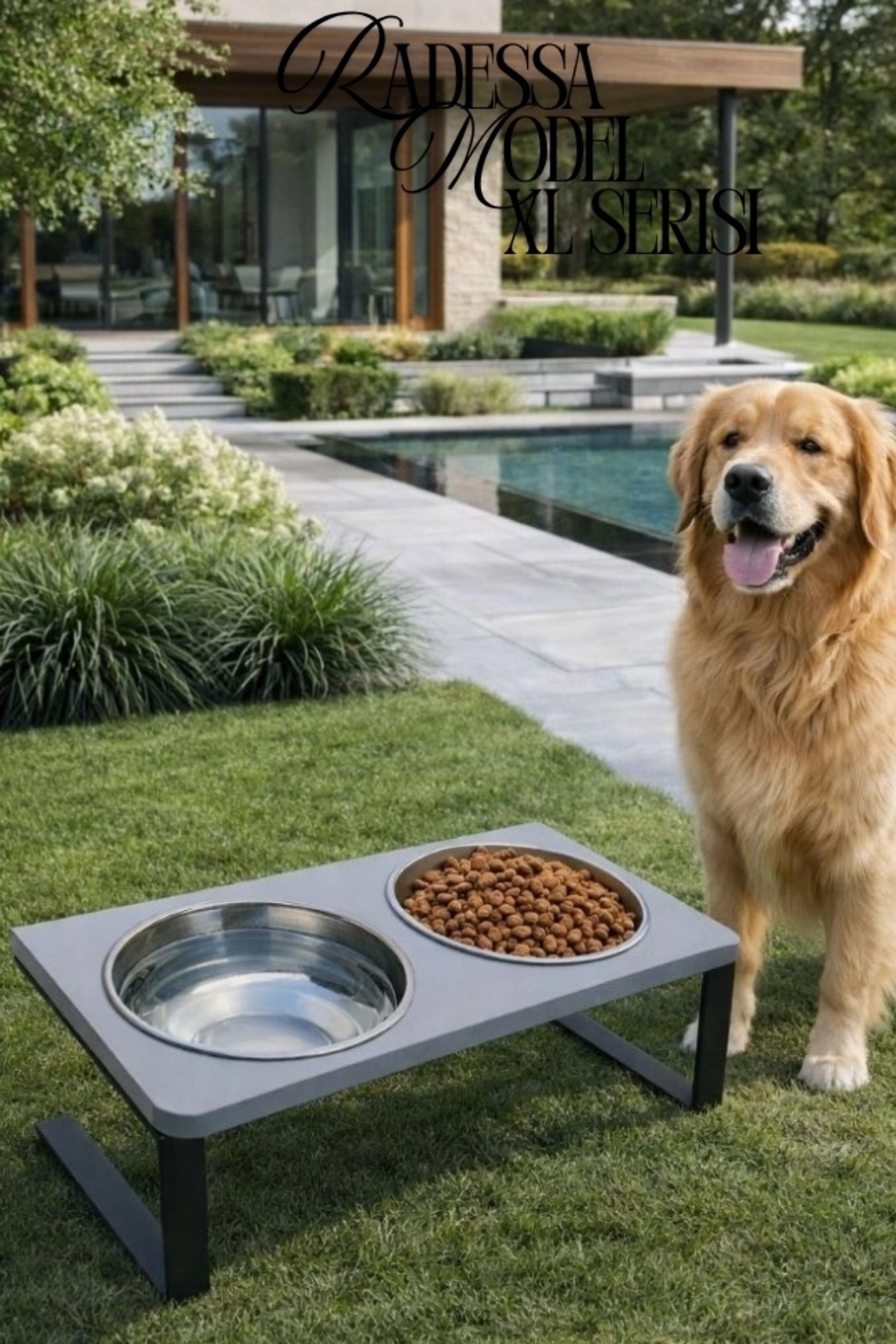 Reyo OK-AY Store Radessa XL Yüksek Standlı Çift Hazneli Mama ve Su Kabı, Büyük ve Orta Boy Köpek ve Kedi Su Kabı Paslanmaz Çelik Gri