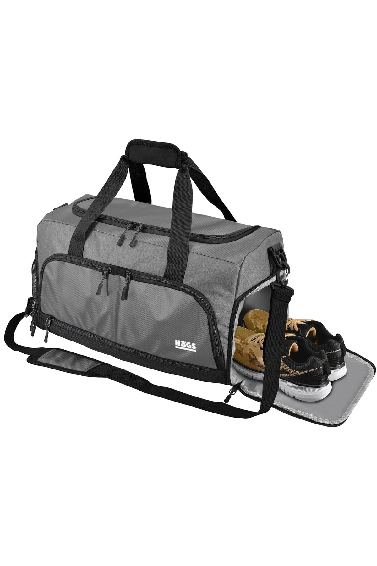 HAEGS Spor Çantası, 10 Cepli, Ayakkabı bölmeli, Su Geçirmez Islak Eşya Keseli, Organizer Tasarımlı Dayanıklı Bay Bayan Seyahat Çantası, Gym, Fitness Çantası, Medium - Gri