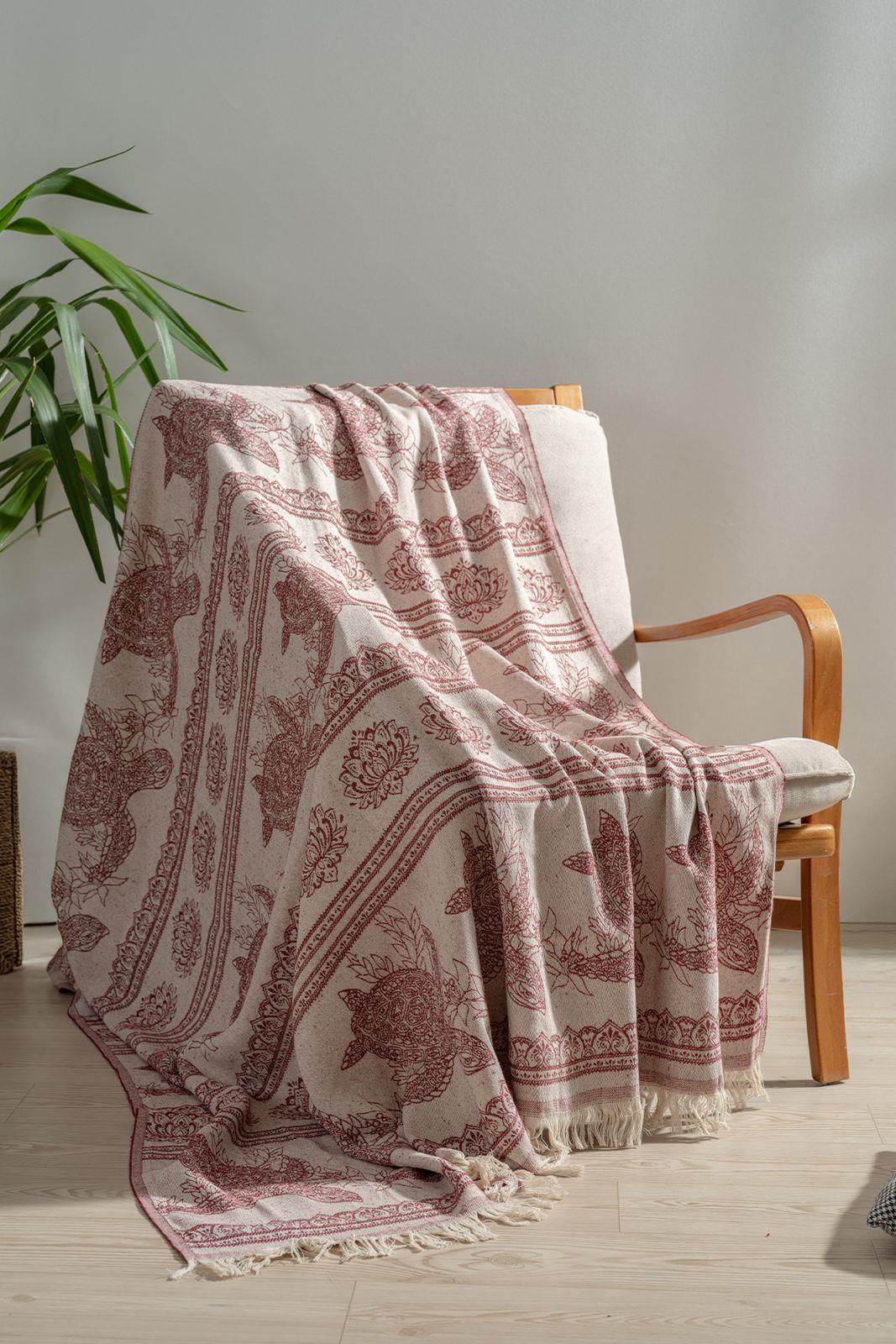 Mylasa Home 100% Pamuklu Koltuk Şalı TV Battaniyesi,130x170 cm Yüksek Kaliteli Pamuklu Kumaş Bordo Zebra