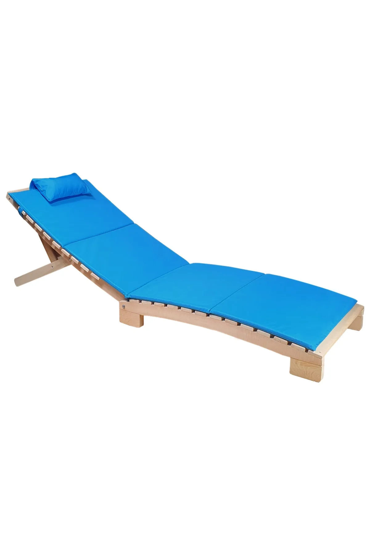 Bysay Ahşap Katlanabilir Yatar Şezlong 3 Kademe Plaj Yatağı Minder Dahil Naturel-Turkuaz