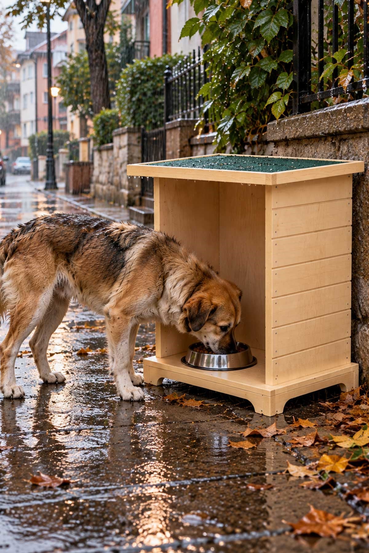 Reyo Büyük Boy Köpek Ahşap Mama İstasyonu, Kedi Mama İstasyonu Su Geçirmez Memran Çatılı, Uzun Ömürlü Kullanım Naturel DOGMİ 