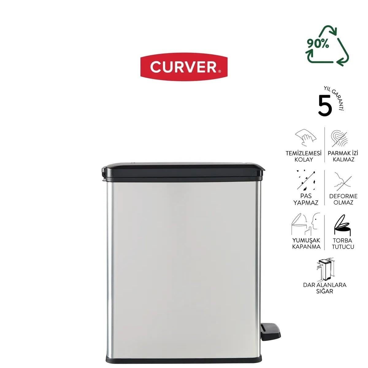Curver DecoBin Slim 25L Metal Görünümlü, Yumuşak kapanan, Pedallı 1.Sınıf Plastik Çöp Kovası