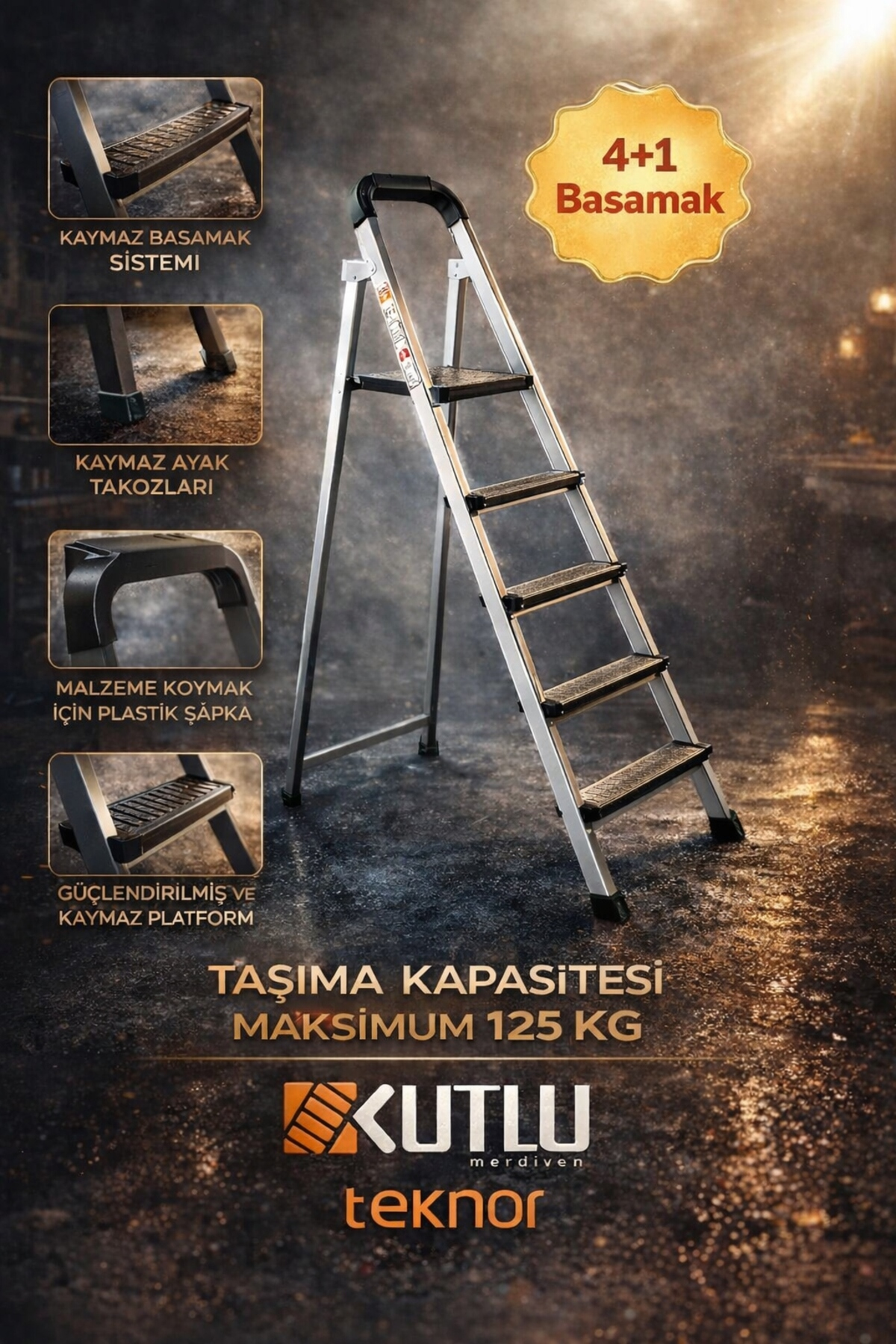 Reyo Kutlu Dayanıklı 4+1 Metal Basamaklı Katlanır Merdiven – Kaymaz Basamaklı Ev Tipi Portatif Merdiven