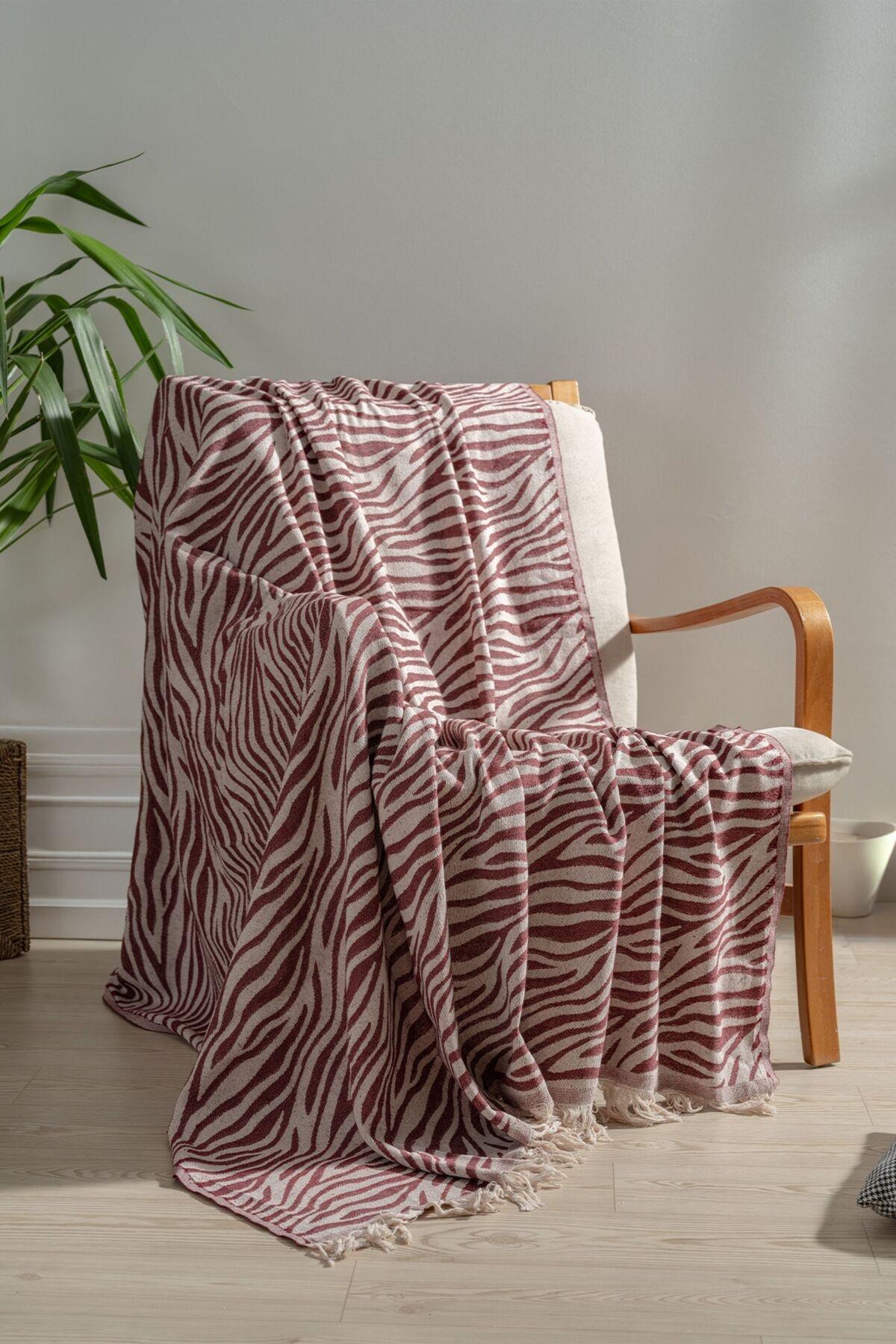 Mylasa Home 100% Pamuklu Koltuk Şalı TV Battaniyesi,130x170 cm Yüksek Kaliteli Pamuklu Kumaş Bordo Zebra