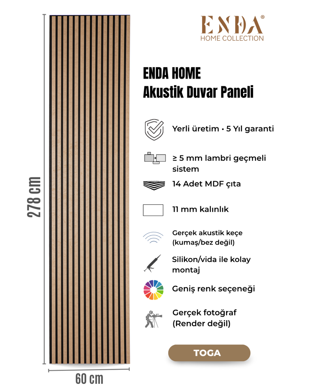 Enda Home MDF Akustik Duvar Paneli 60 x 278cm Toga