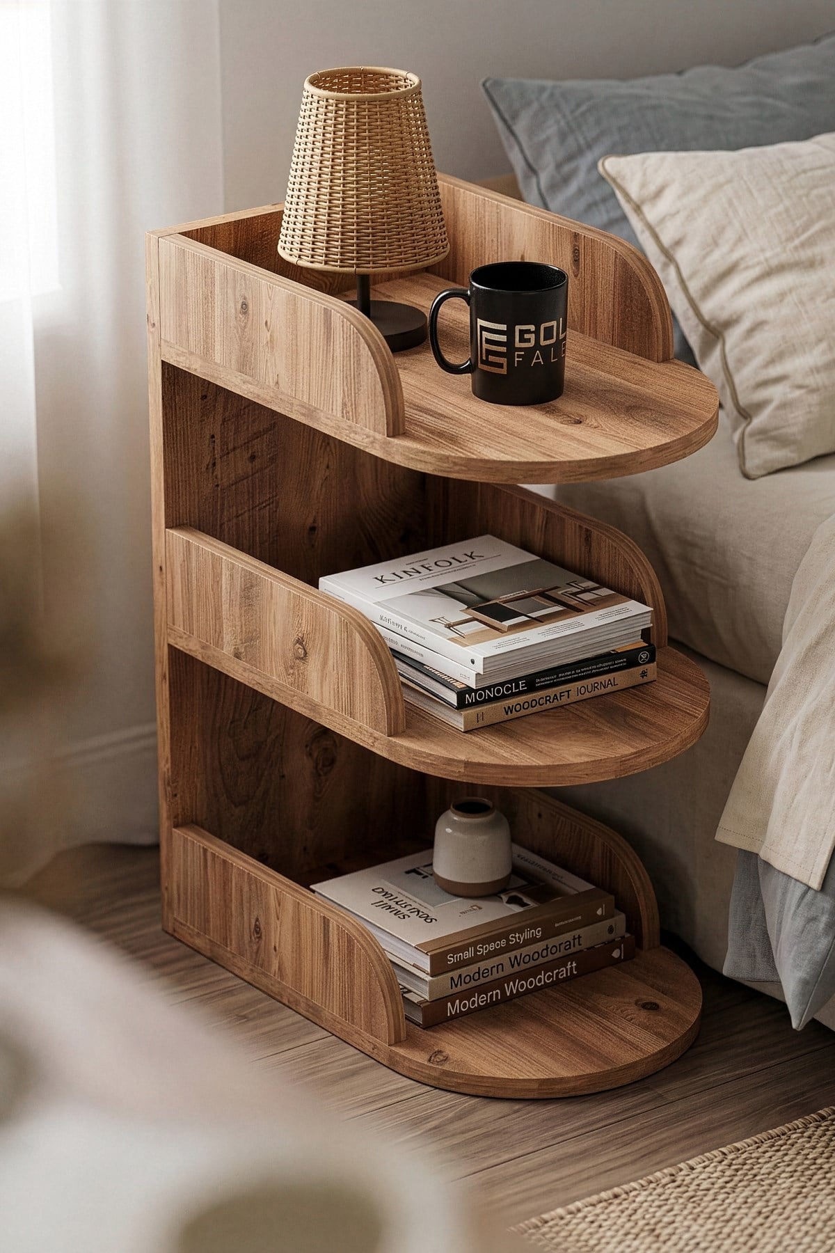 Reyo Falez Komodin Modern Ahşap 3 Katlı Raflı Yan Sehpa Çok Amaçlı Organizer Kitaplık Atlantik Çam