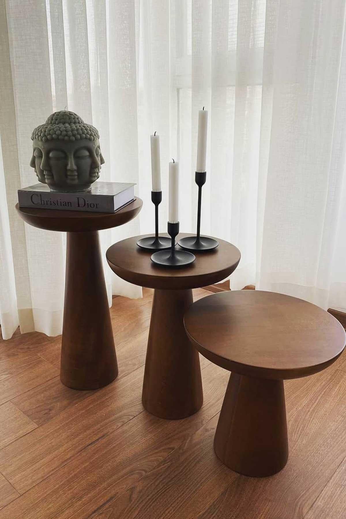 Reyo Consept 3'lü Mushroom Zigon Sehpa Açık Ceviz Rengi Ahşap Mantar Sehpa