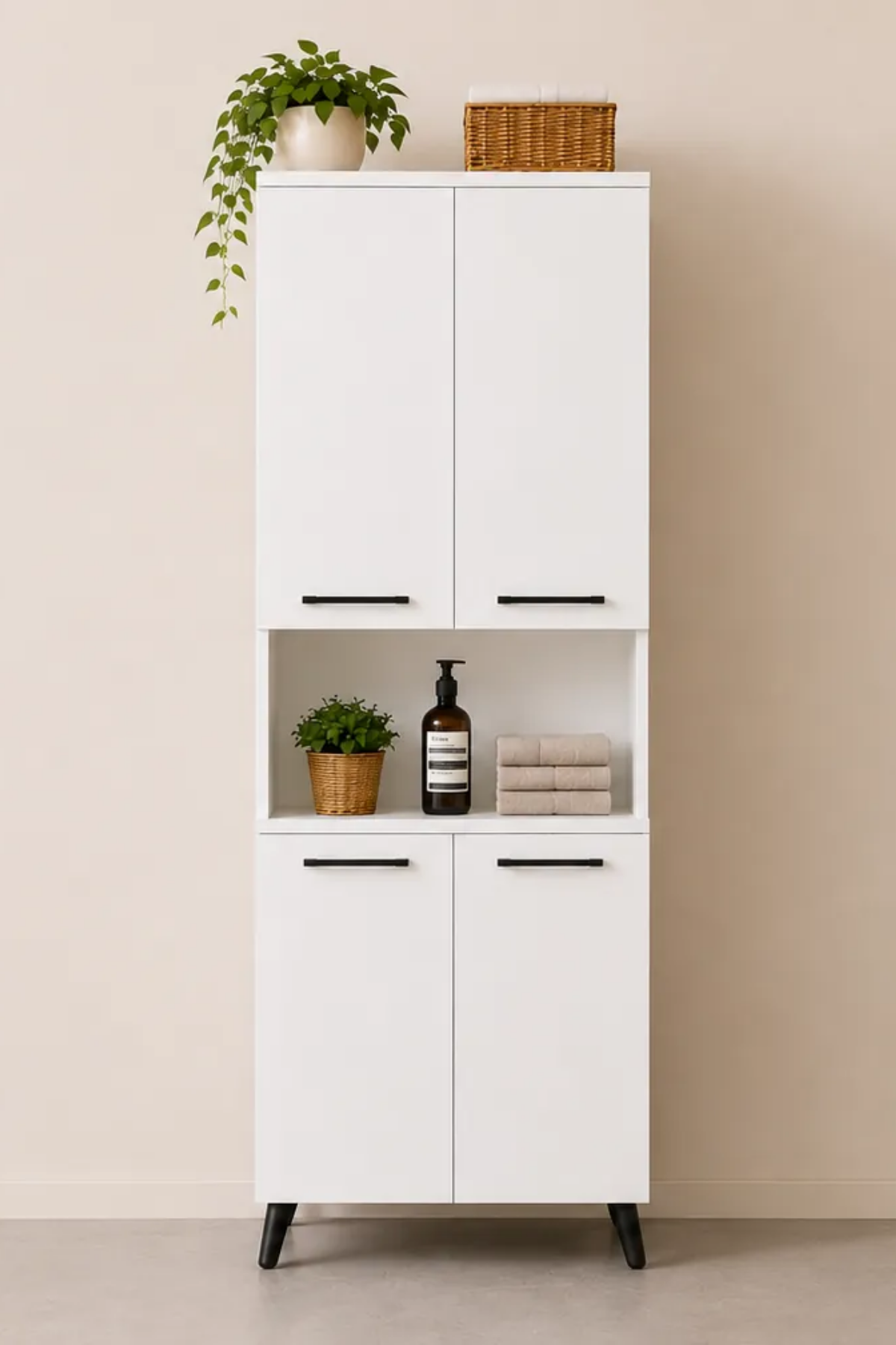 Enda Home Listra 4 Kapaklı Çok Amaçlı Dolap 170,8 cm,  Raflı, Ayaklı Depolama Dolabı - Beyaz