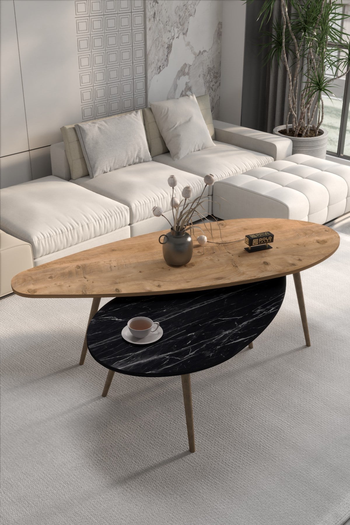 Reyo Falez Orta Sehpa Seti Modern 2'li Ahşap Ayaklı Salon Oturma Odası Dekoratif Sehpa Takımı 7779 Ceviz Bendir