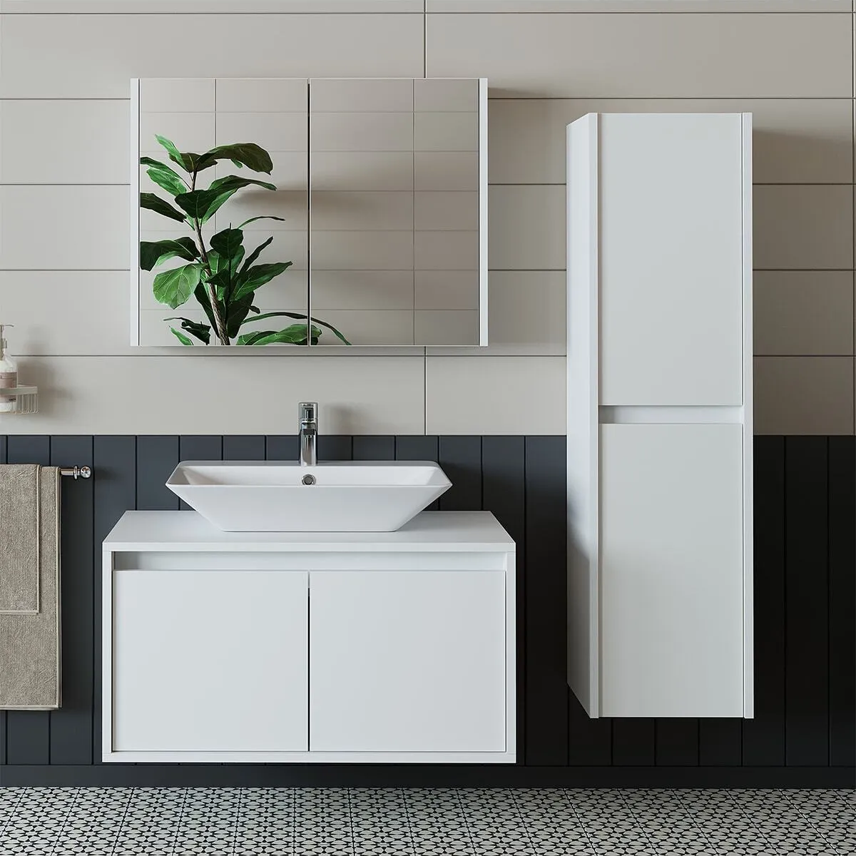 ROOMART Banos Banyo Lavabolu Mat Beyaz Mdf 85 Cm Banyo Dolabı+aynalı Banyo Üst Dolap+banyo Boy Dolap