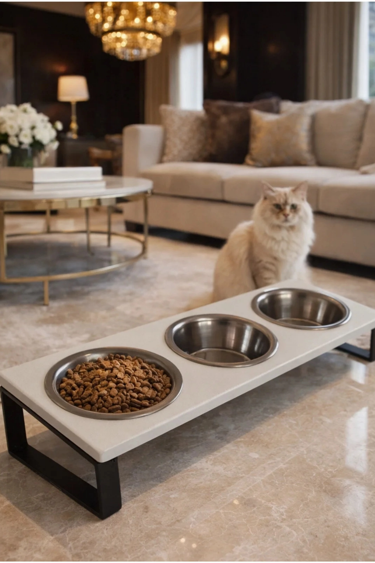 Reyo OK-AY Store Yükseltilmiş Kedi ve Küçük Irk Köpek Mama Kabı 3'lü Paslanmaz Çelik Yüzde 10 Eğimli Mama ve Su Standı, Beyaz