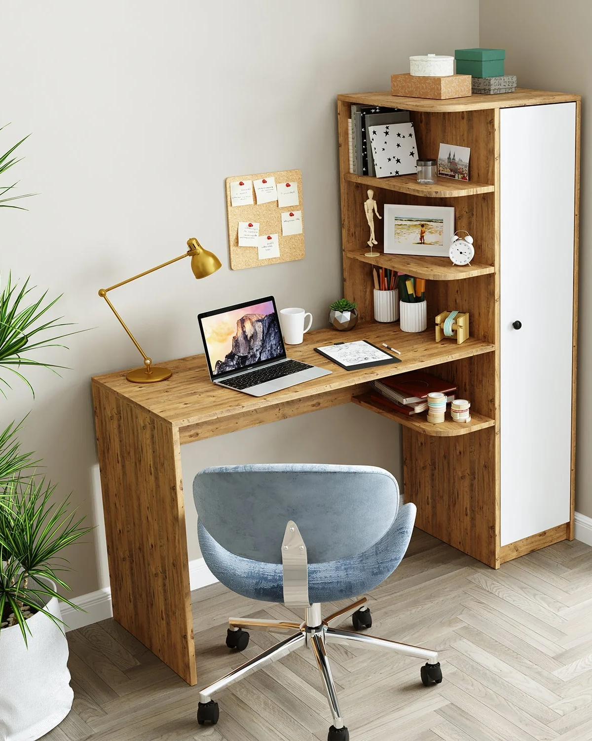 Roomart Roma Raflı Çalışma Masası, Çalışma Ofis Masası Sağ Atlantik Çam