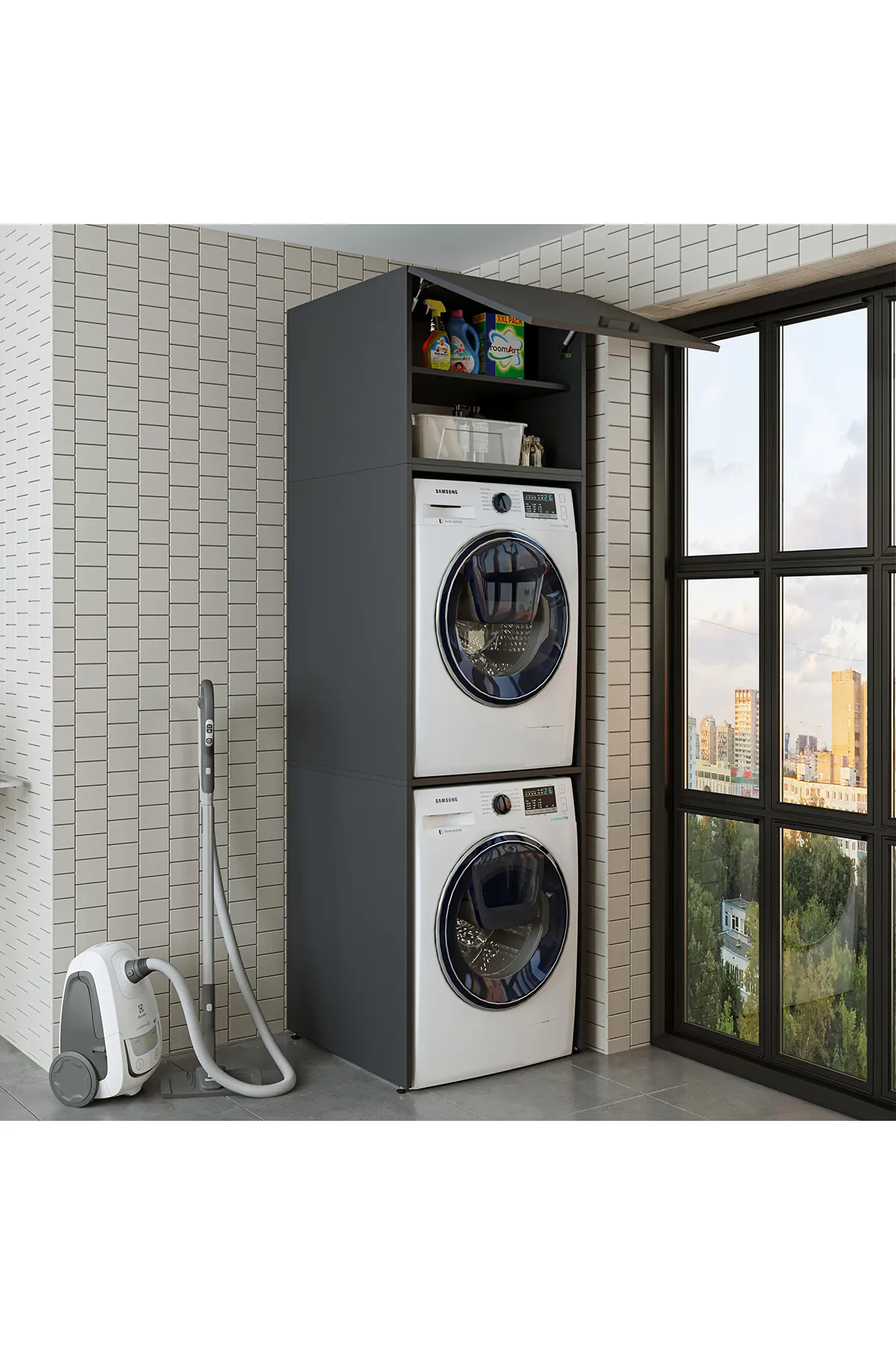 RoomArt Banyo Dolabı 231,2 x 67 cm Çamaşır Ve Kurutma Makinesi Dolabı Antrasit