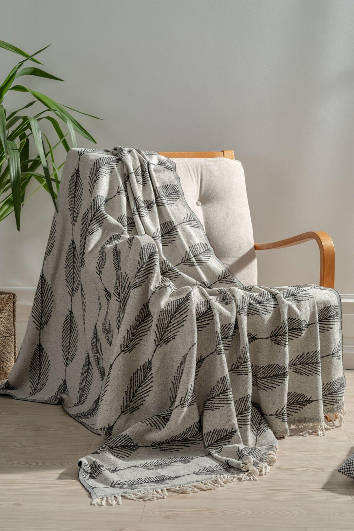 Mylasa Home 100% Pamuklu Koltuk Şalı TV Battaniyesi,130x170 cm Yüksek Kaliteli Pamuklu Kumaş Siyah Leafy