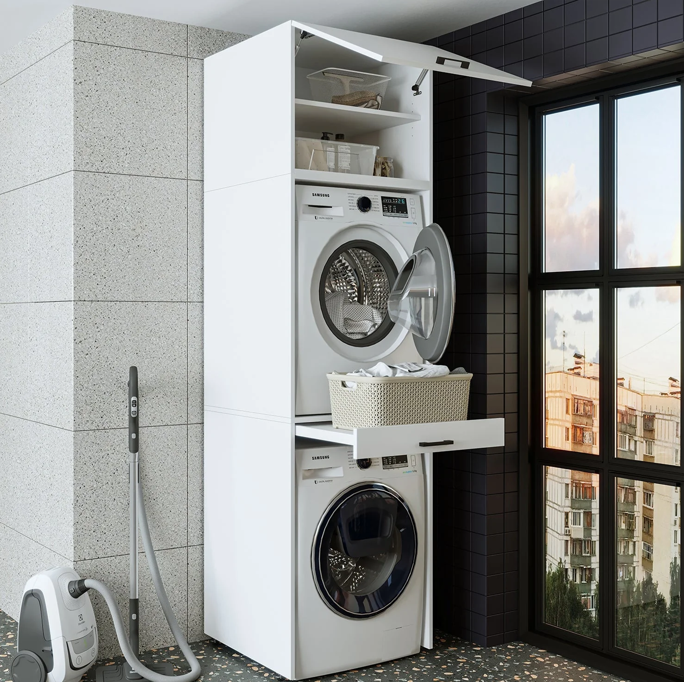 Roomart Çamaşır ve Kurutma Makinesi Dolabı+Üst Dolabı 67 x 240 cm Mat Beyaz