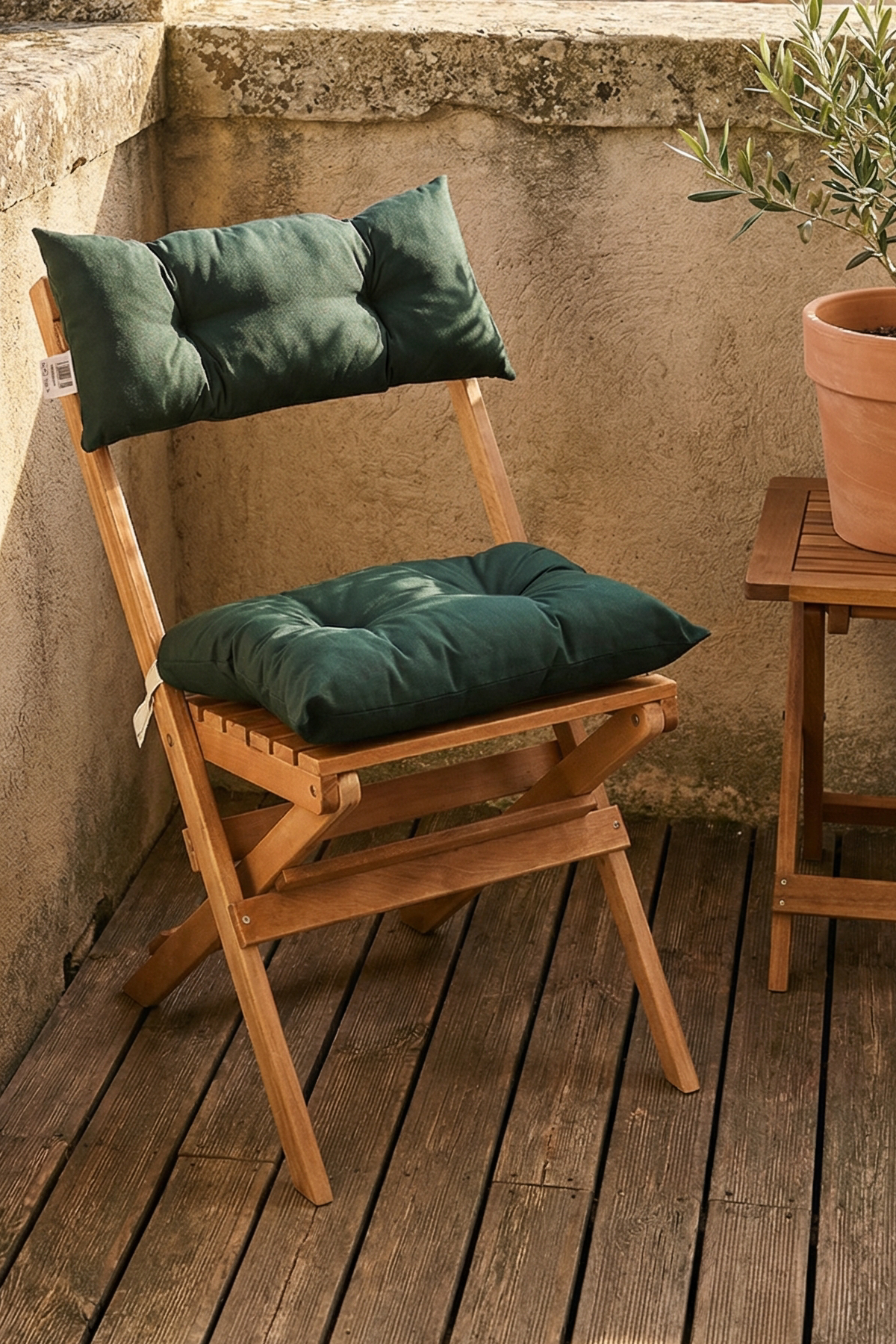 Bysay Puf Minderli Ahşap Katlanabilir Bahçe Mutfak Balkon Teras Sandalyesi (Naturel-Yeşil)