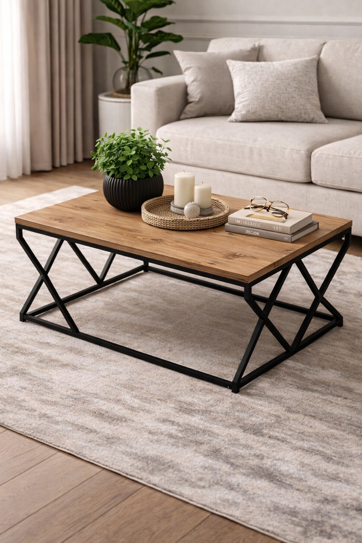 Reyo Falez V Lüx Orta Sehpa Metal Ayaklı Salon Sehpası Modern Orta Sehpa Atlantik Çam