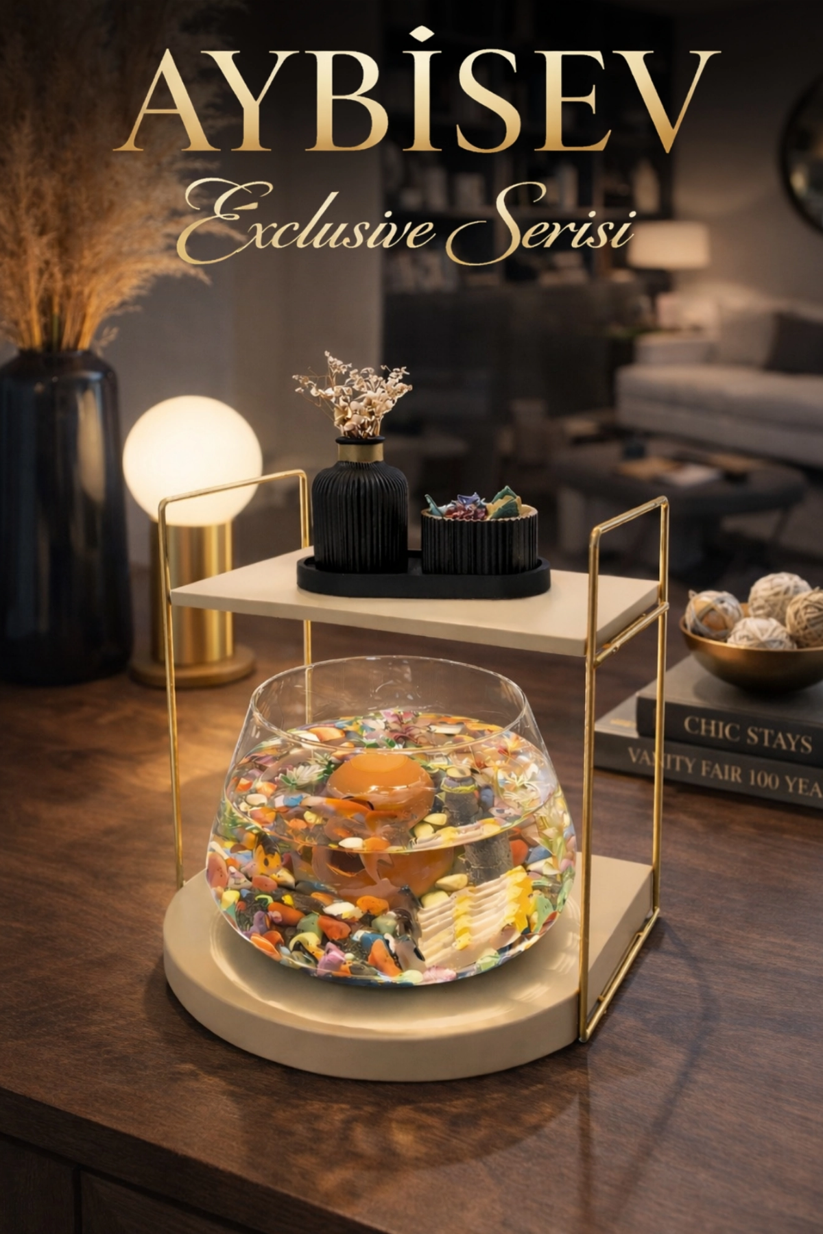 Reyo OK-AY Store Düz Raflı Işıklı Lüks Cam Fanus İçinde Beta Balığı İçin Özel Tasarım Masa Üstü Dekoratif Akvaryum Gold-Krem