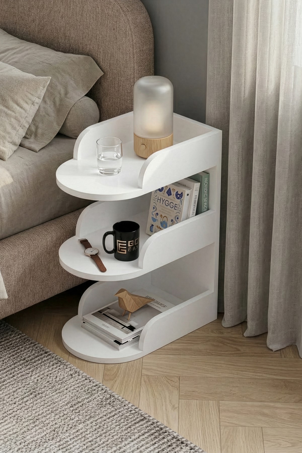 Reyo Falez Komodin Modern Ahşap 3 Katlı Raflı Yan Sehpa Çok Amaçlı Organizer Kitaplık Beyaz