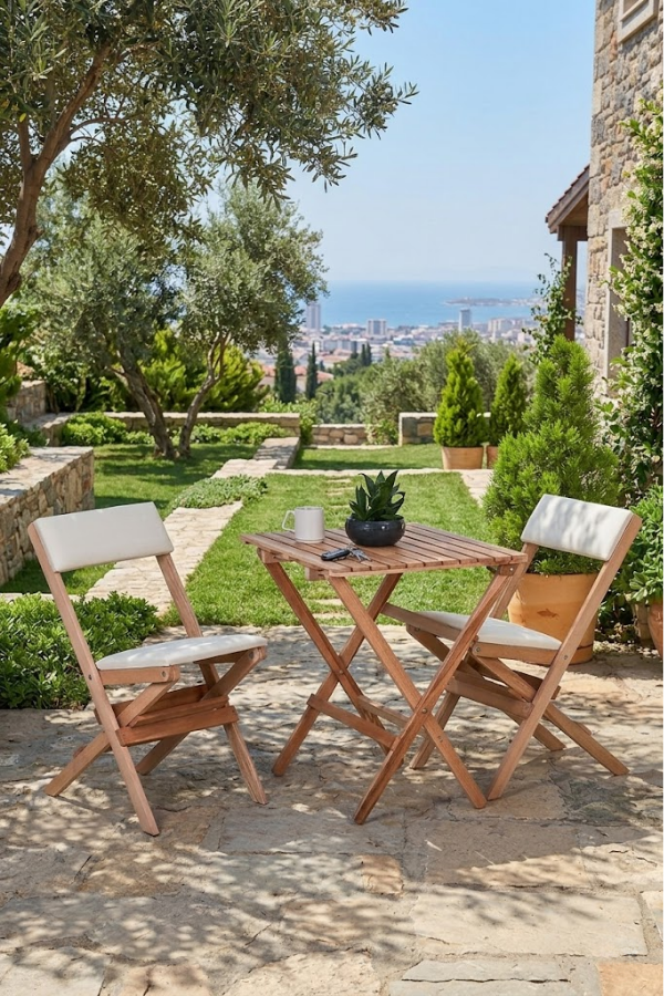 Reyo Ahşap Katlanır Döşeme Minderli 3'lü Bistro Set Bahçe Takımı Naturel Krem