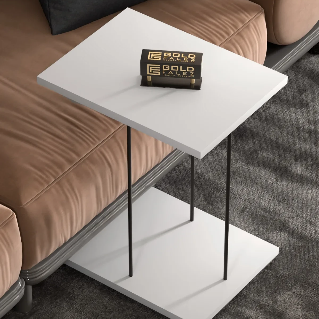 Gold Falez Tekerlekli Yan Sehpa Dikdörtgen Beyaz