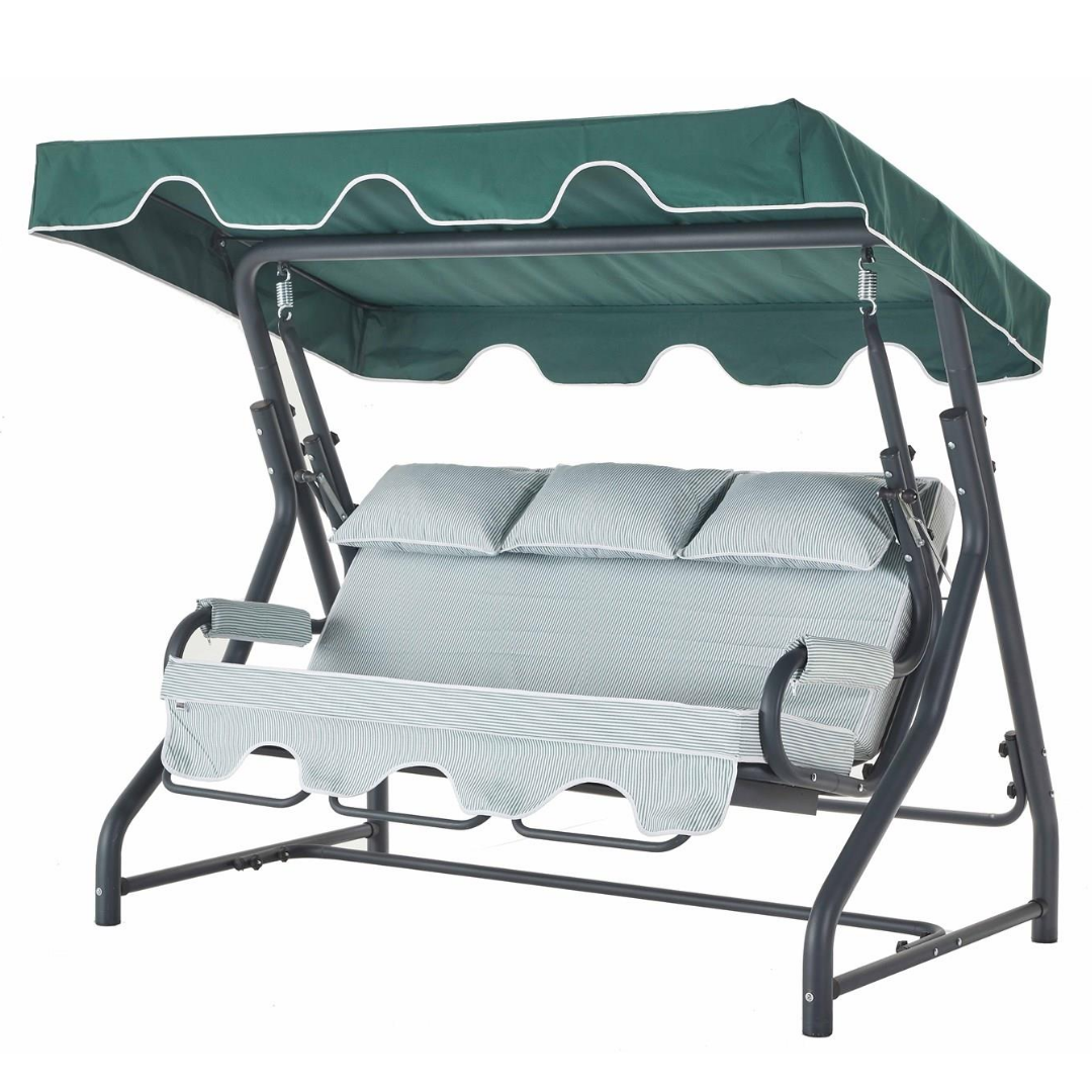 Erinöz Salvia 3 Kişilik Bahçe Balkon Teras Salıncağı - Minder: Yeşil Çizgili Tente: Yeşil