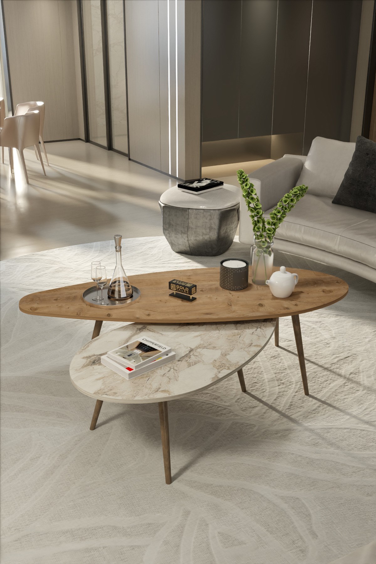 Reyo Falez Modern Orta Sehpa Seti - 2'li Ahşap Ayaklı Salon ve Oturma Odası Sehpa Takımı Ceviz Efes