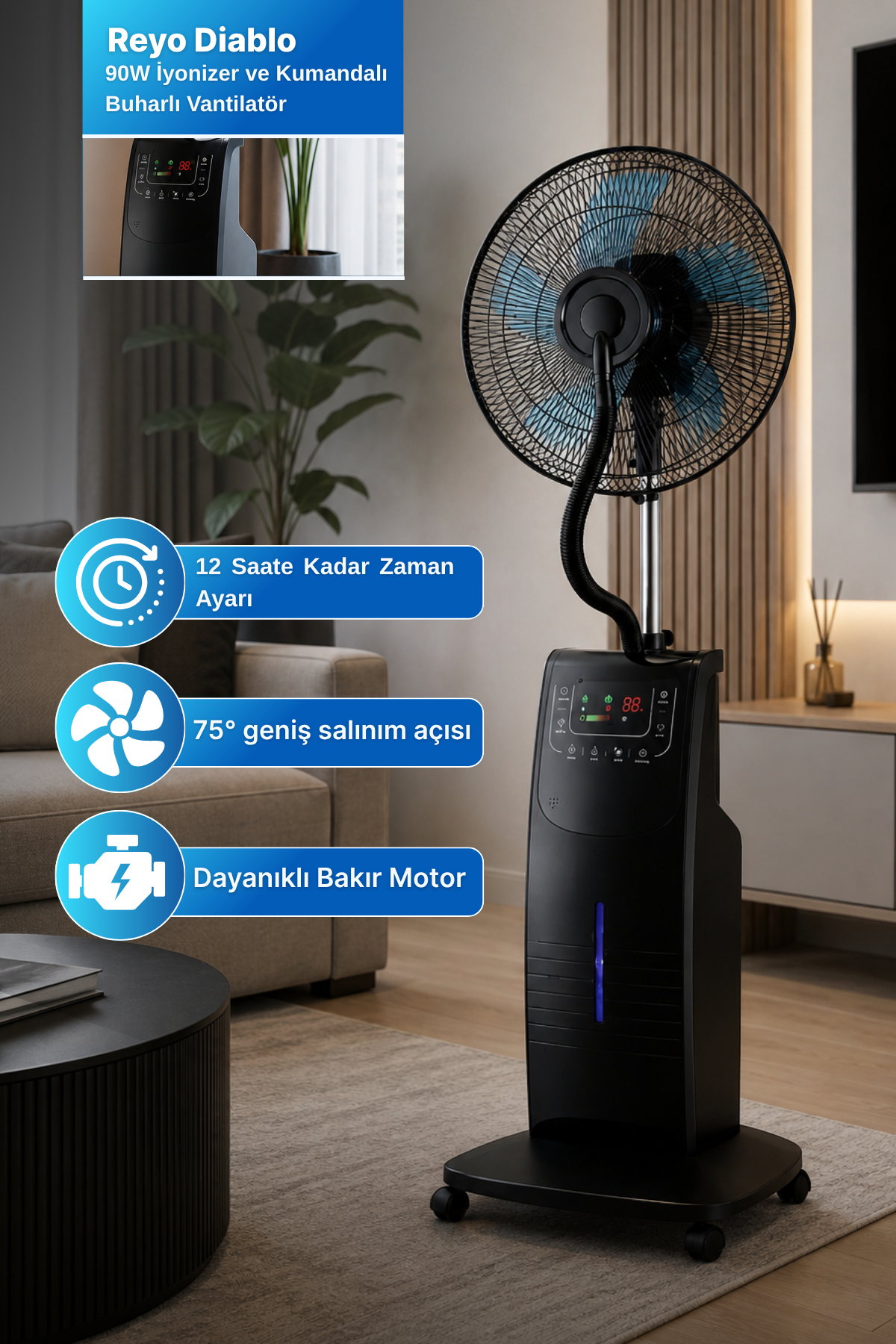 Reyo Diablo 90W İyonizer ve Kumandalı Buharlı Vantilatör