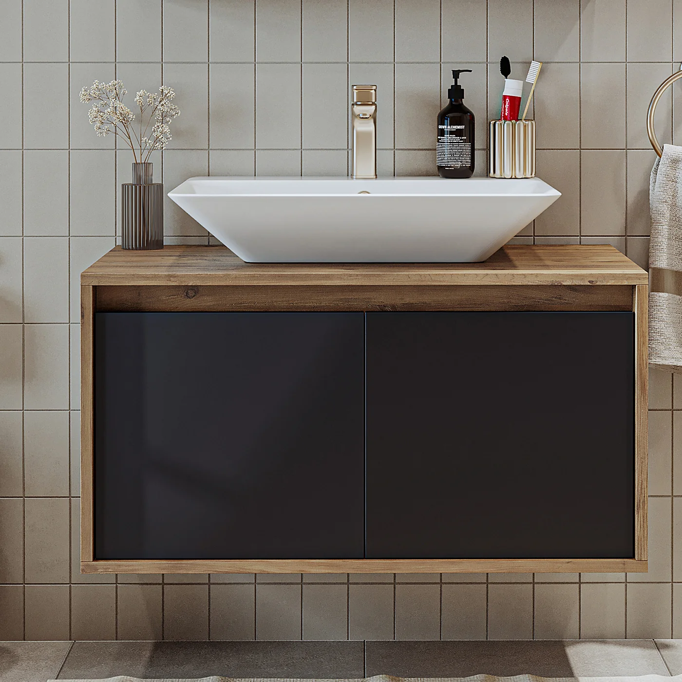 Roomart Ld7 Ayaksız 2 Kapaklı Lavabolu Ahşap-Antrasit Mdf 85 cm Banyo Dolabı