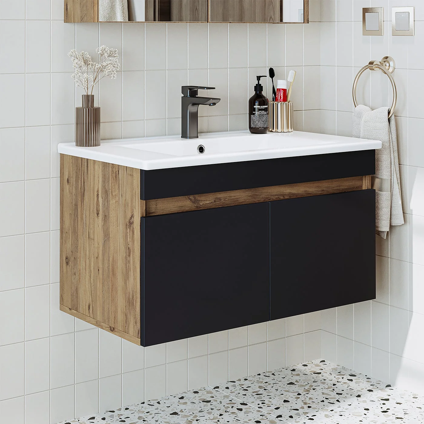 RoomArt Lavabolu Atlantik- Antrasit Mat Mdf 85 Cm Banyo Dolabı Atlantik Çam-Antrasit