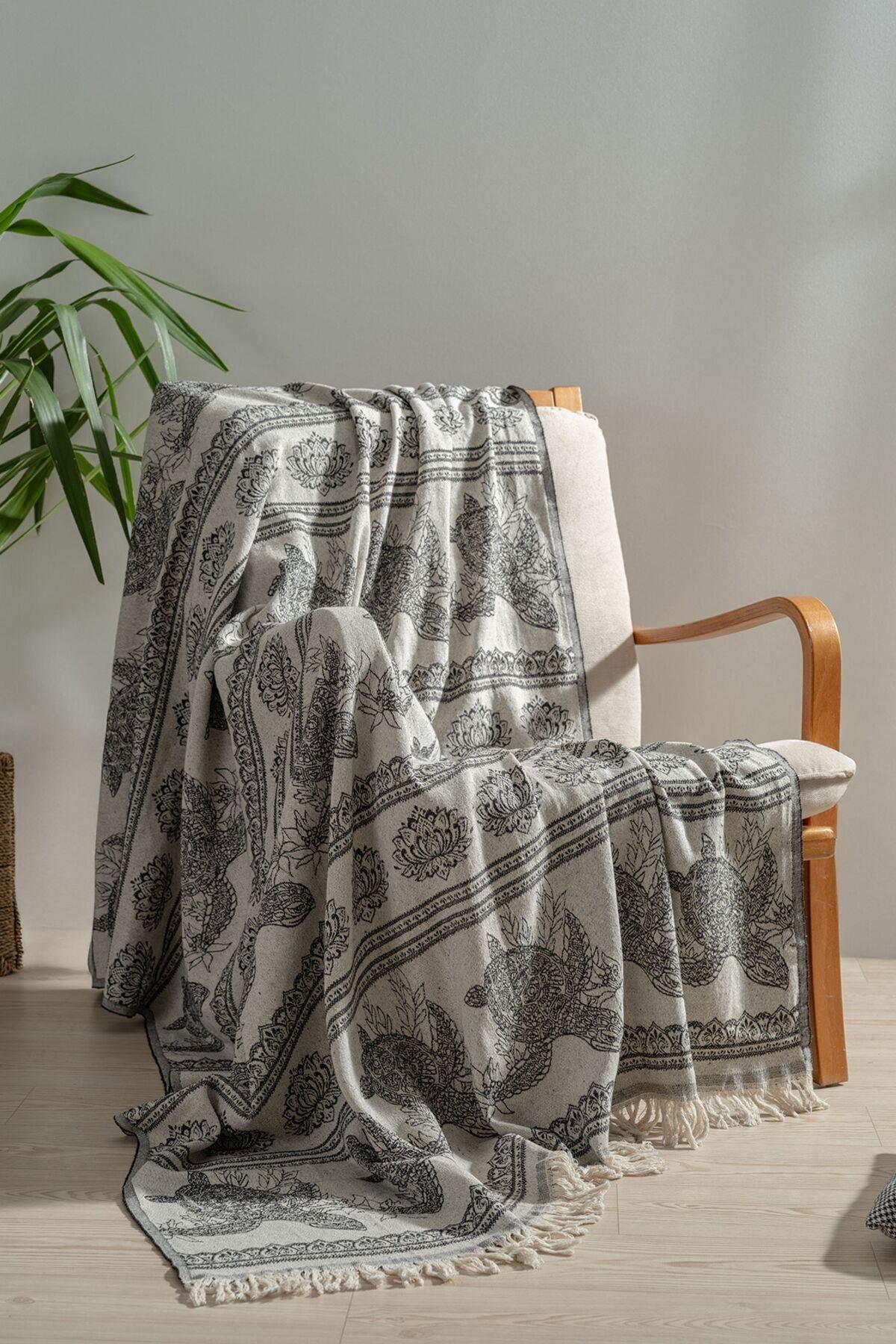 Mylasa Home 100% Pamuklu Koltuk Şalı TV Battaniyesi,130x170 cm Yüksek Kaliteli Pamuklu Kumaş Siyah Caretta