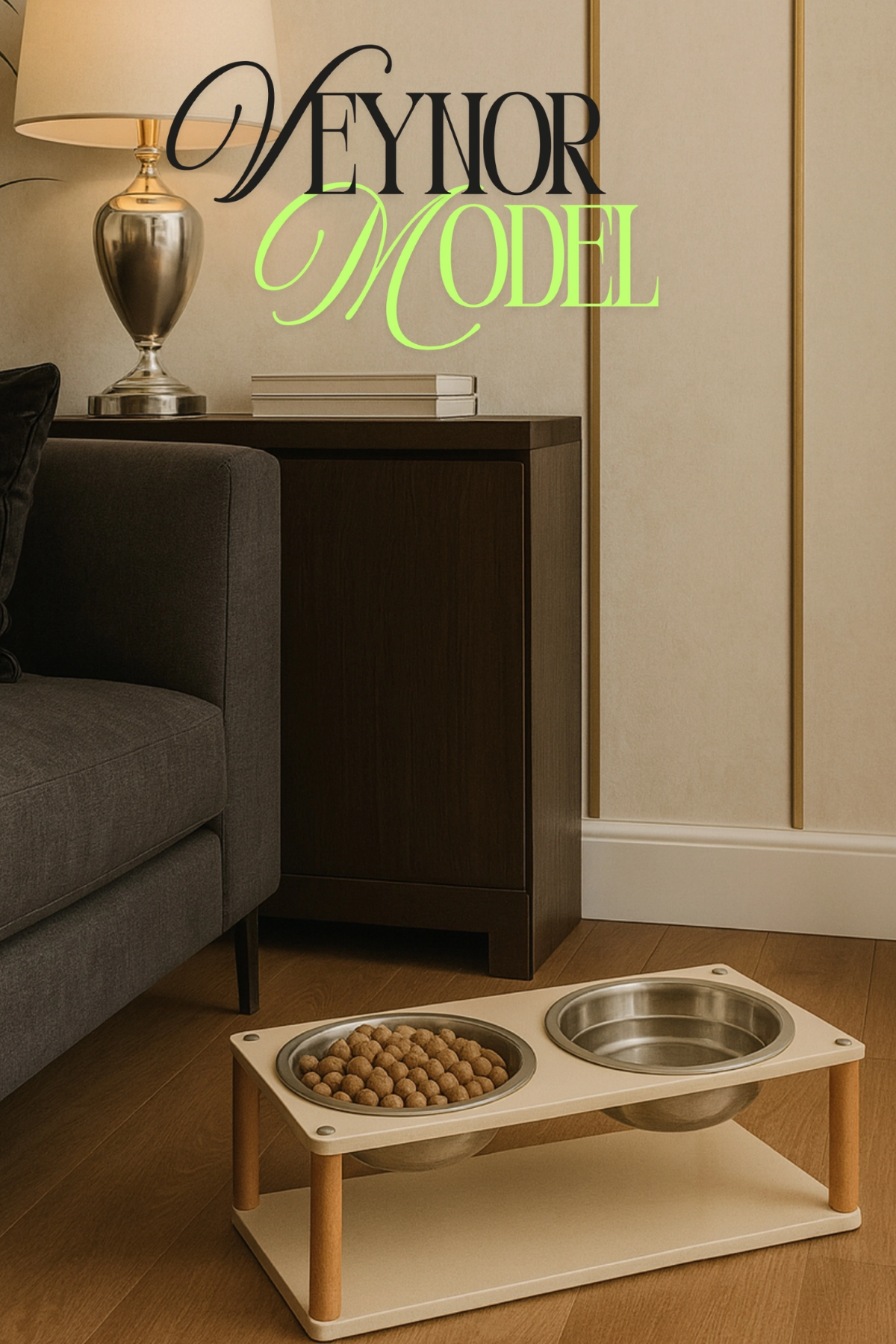 Reyo OK-AY Store Veynor Modern Ahşap Demonte Kedi Köpek Mama Standı 2'li Paslanmaz Çelik Kaseli Mama ve Su Standı Krem