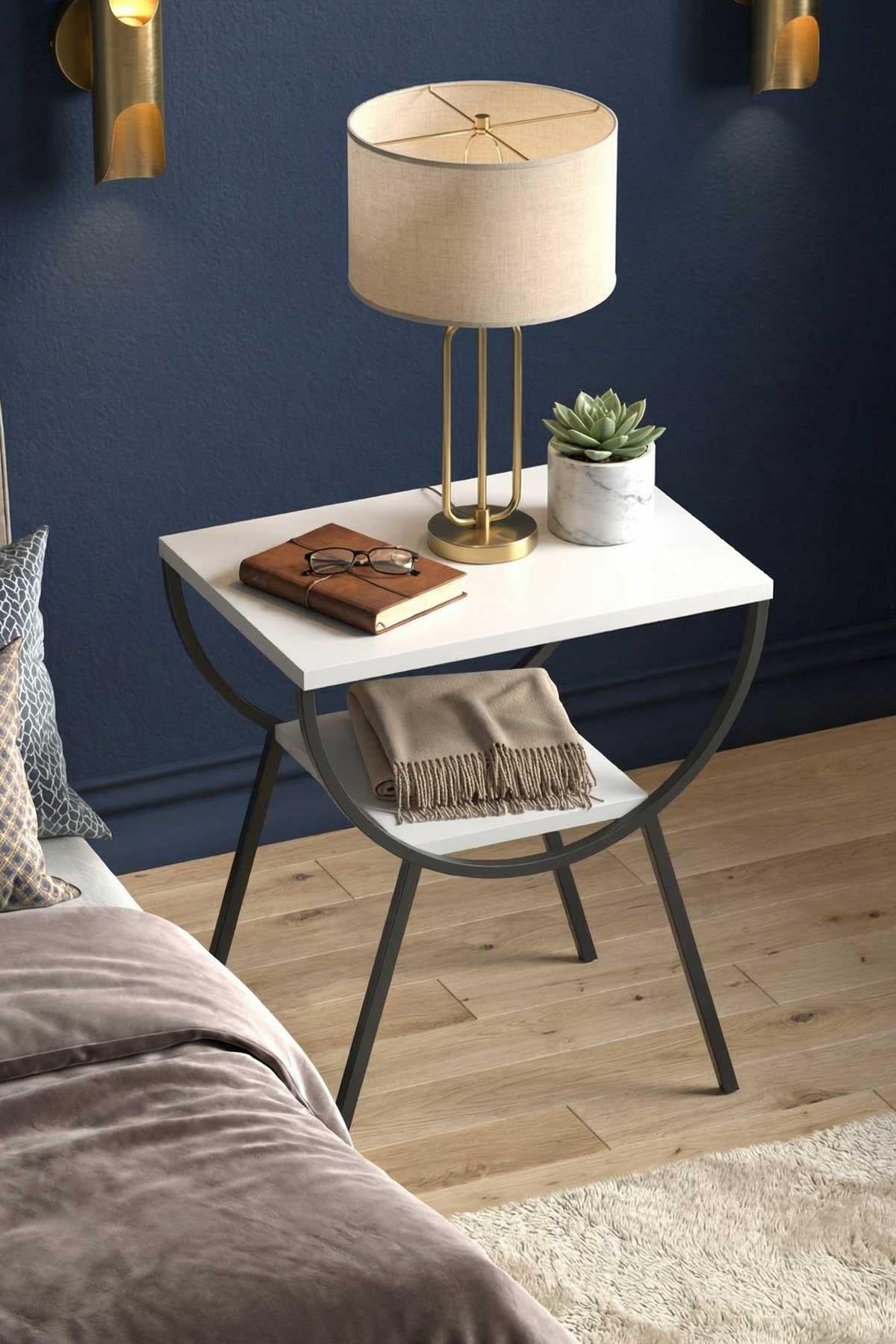 Reyo Metal Yan Sehpa Komodin Beyaz