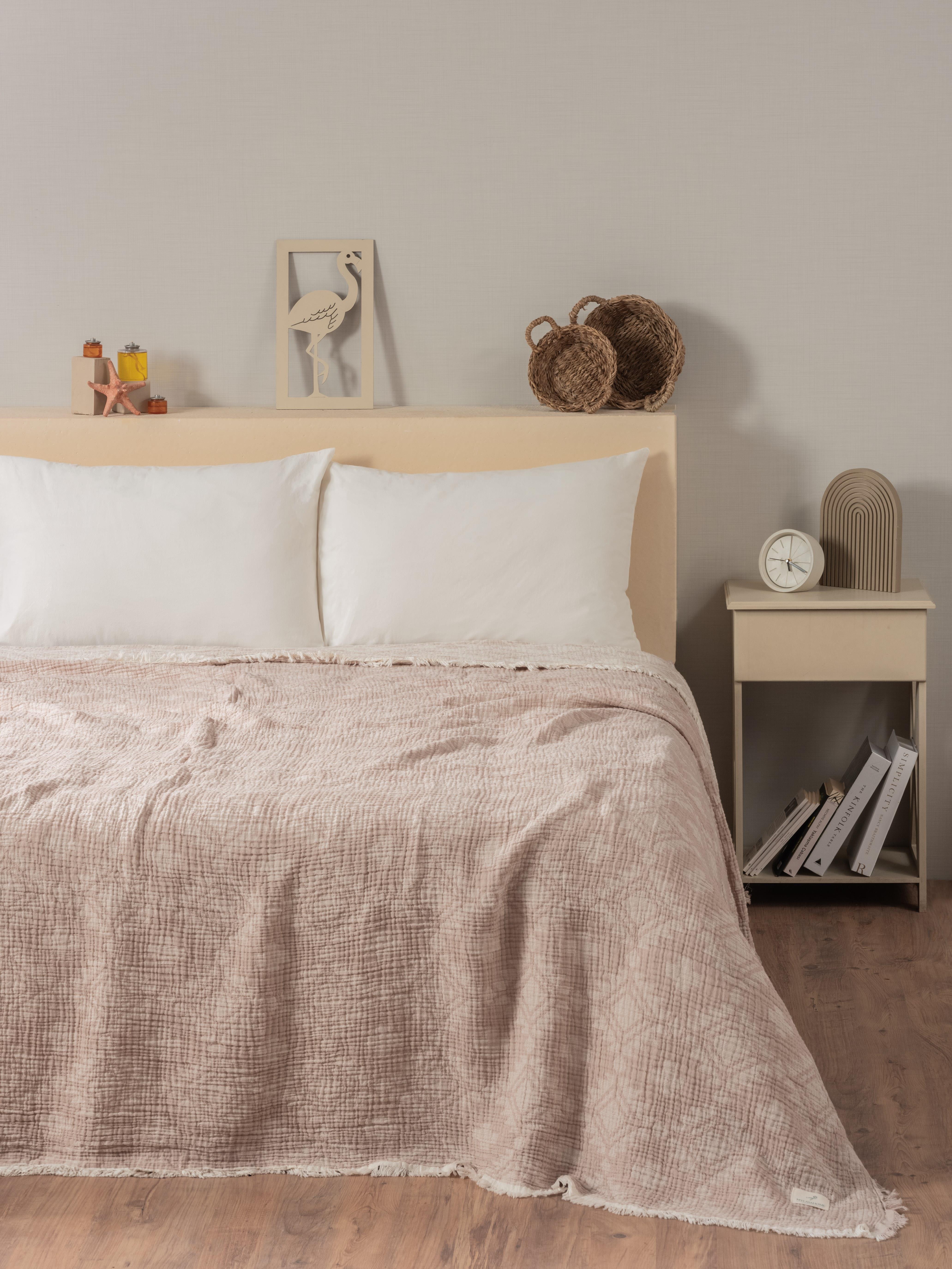 Mylasa Home Müslin 4 Katlı Aztec Desenli (Jakarlı) Çift Kişilik Yatak Örtüsü-Yazlık Pike 220x240cm - Bej